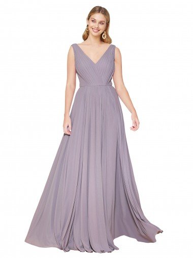 Draped Floor Length High Neck V-Back Chiffon Prom Dress with Shirred Bodice Canada