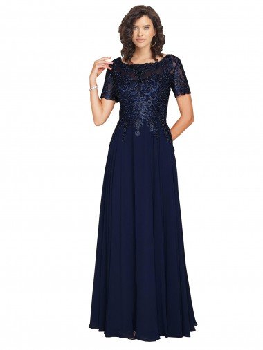 Short Sleeves A-Line Long Chiffon Prom Dress with Beaded Bodice Canada