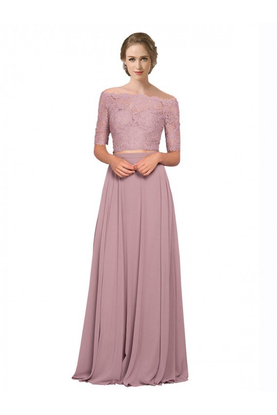 Off the Shoulder Lace Crop Top A-Line Chiffon Prom Dress