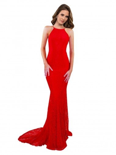 High Neck Long Lace Prom Dress with Open Back Straps Canada
