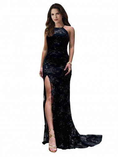 High Neckline Lace Open Back Prom Dress with High Slit Canada