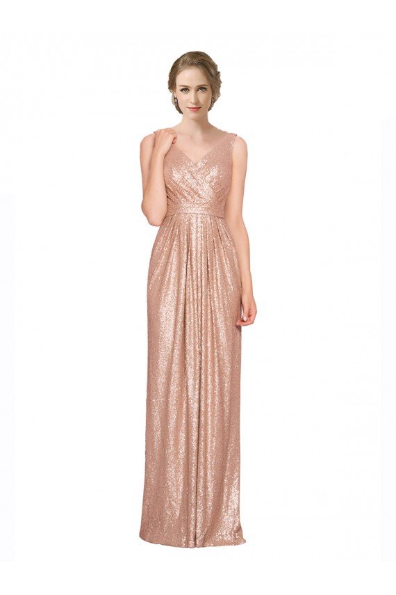 Draped V-Neck Striking Sheath Floor Length Sequin Prom Dress