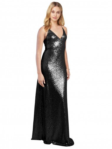 Full Length A-Line Sequin Prom Dress with Spaghetti Straps V-Neckline Canada