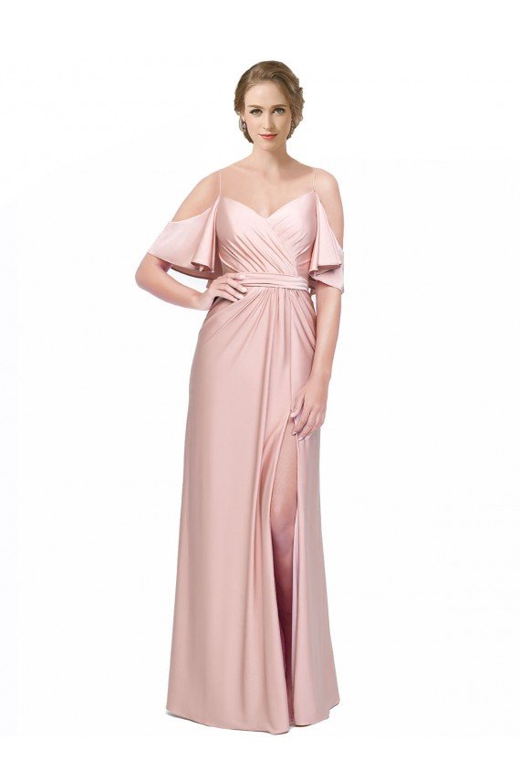 Draped Cold Shoulder Sleeves Long Silky Satin Prom Dress with Slit and Tie Back