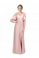 Draped Cold Shoulder Sleeves Long Silky Satin Prom Dress with Slit and Tie Back