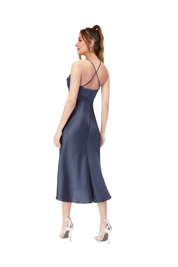 High Low Silky Satin Cowl Neck Midi Length Cocktail Prom Dress / Homecoming Dress