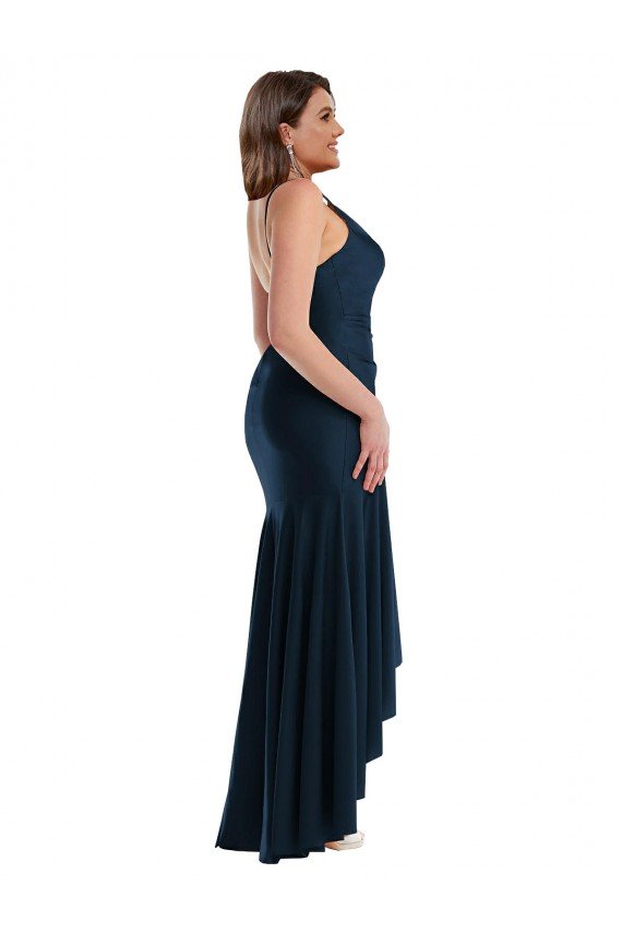 Pleated Wrap Ruffled High Low Silky Satin Prom Dress