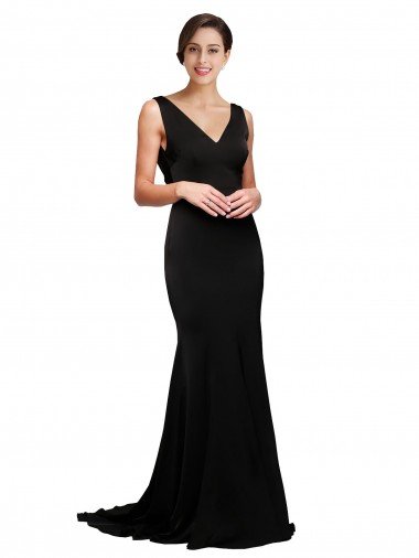 V-Neck Full Length Silky Satin Prom Dress with Soft Cowl Neck and Sweep Train Canada