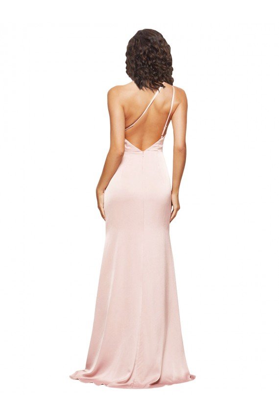 Full Length Ruched Silky Satin Prom Dress with Low Back and High Split