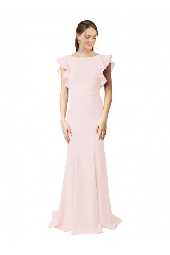 Low V-Back Long Mermaid Crepe Prom Dress with Ruffled Sleeves