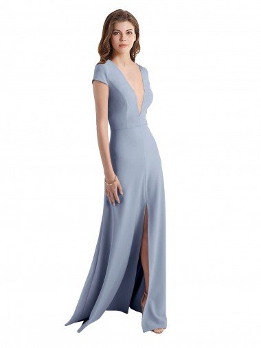 Plunging V-Neck Cap Sleeves Stretch Crepe Prom Dress with Front Slit Canada