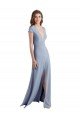 Plunging V-Neck Cap Sleeves Stretch Crepe Prom Dress with Front Slit