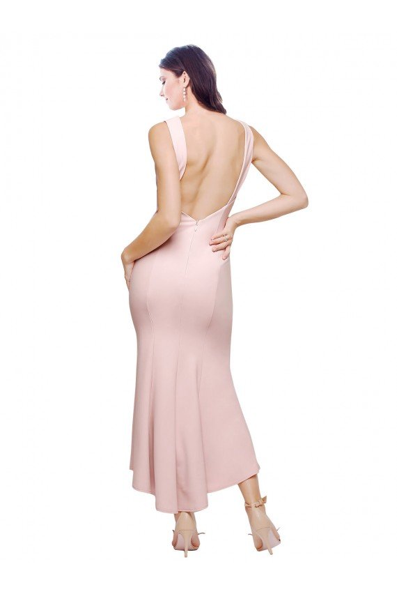 High Neck Low V-Back Midi Length Crepe Cocktail Dress / Prom Dress