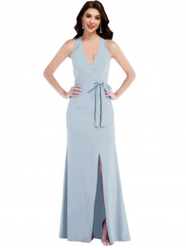 Open Back Halter Maxi Crepe Prom Dress with Draped Bow Canada