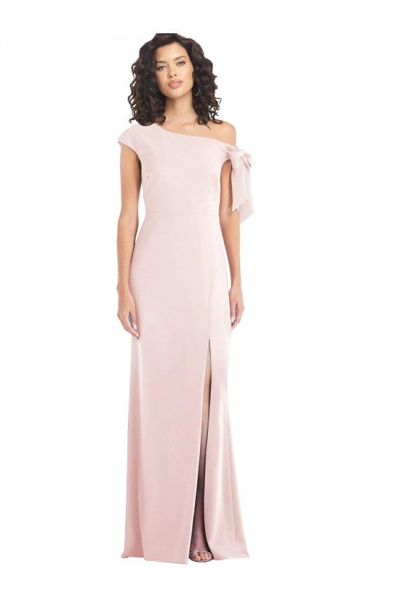 Off the Shoulder Tie Detail Trumpet Crepe Prom Dress with Front Slit