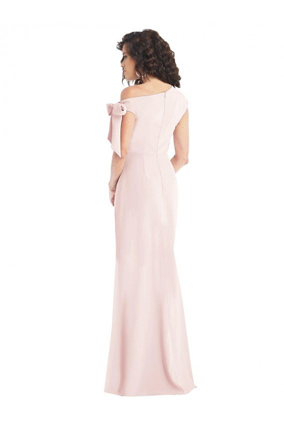 Off the Shoulder Tie Detail Trumpet Crepe Prom Dress with Front Slit