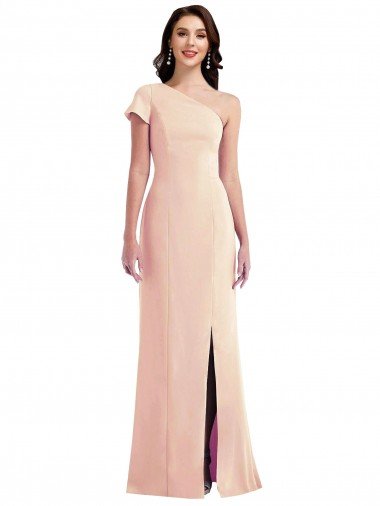 One Shoulder Cap Sleeves Trumpet Crepe Prom Dress with Front Slit Canada