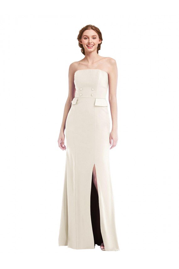 Long Strapless Tuxedo Maxi Prom Dress with Front Slit & Pockets