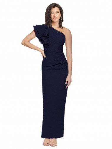 Ruched Floor Length Long Crepe Prom Dress with Shoulder Ruffles Canada