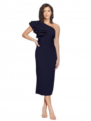 Ruched Midi Length Short Crepe Cocktail Prom Dress / Homecoming Dress with Shoulder Ruffles Canada