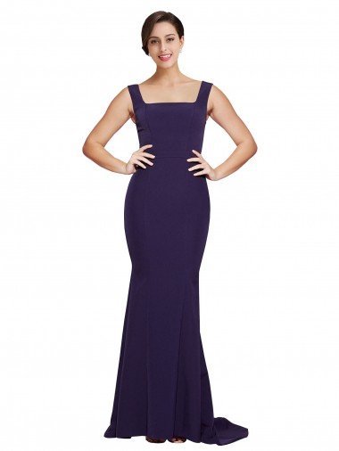Square Neck Long Sweep Train Crepe Prom Dress with Thick Straps Canada