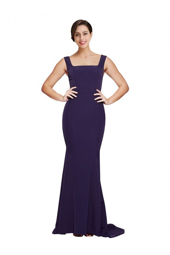 Square Neck Long Sweep Train Crepe Prom Dress with Thick Straps