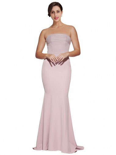 Straight Neck Long Strapless Crepe Prom Dress with Soft Tulle Overlay and Small Train Canada
