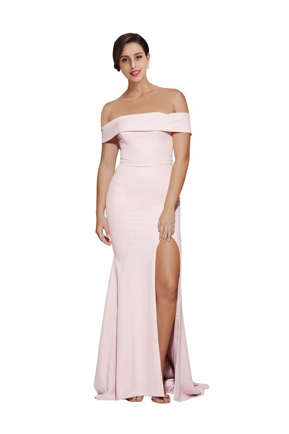 Off Shoulder Long Crepe Prom Dress with Straight Neckline and Side Split