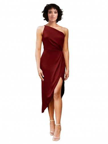 One Shoulder Midi Length Short Stretch Satin Wrap Style Cocktail Prom Dress / Homecoming Dress Canada