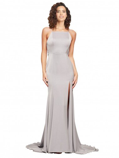 High Neck Low Back Long Full Length Stretch Satin Prom Dress Canada