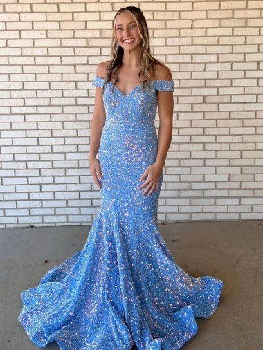 Mermaid Off the Shoulder Sleeveless Long Floor Length Velvet Sequin Prom Dress Canada