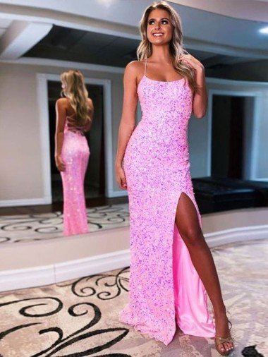 Spaghetti Straps Sleeveless Long Sweep Train Velvet Sequin Prom Dress with Slit Canada