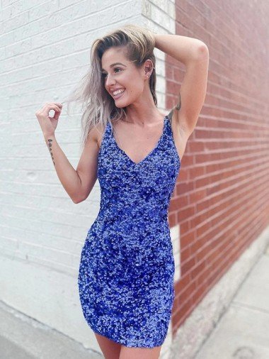 Short Velvet Sequin V-Neck Sleeveless Prom Dress Canada