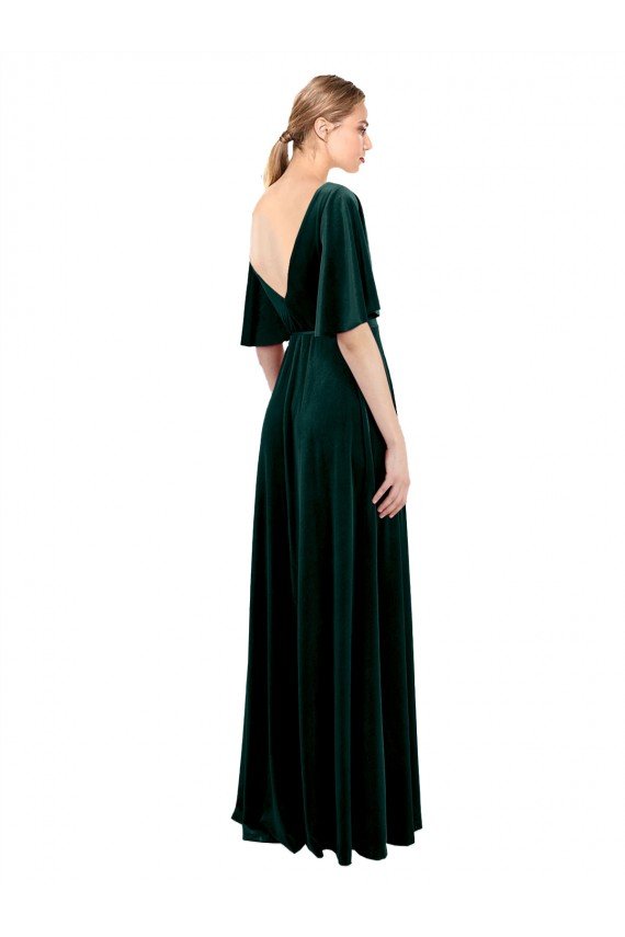 Deep V-Neck Flutter Sleeves Long Velvet Wrap Prom Dress