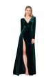 Deep V-Neck Long Sleeves Velvet Prom Dress with High Side Split