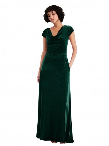Cowl Neck Cap Sleeve Velvet Maxi Prom Dress with Pockets Canada