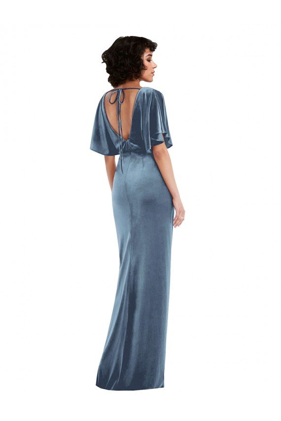 Flutter Sleeve Open Back Velvet Maxi Prom Dress with Pockets & Draped Wrap Skirt