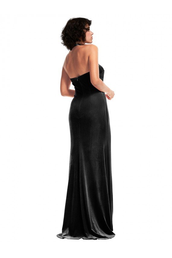 Empire Waist Stretch Velvet Prom Dress with Halter Strap