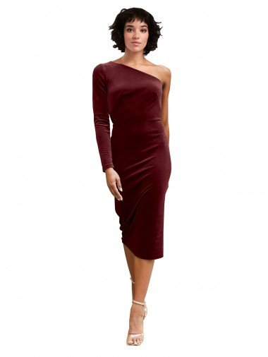 One Shoulder Fitted Short Midi Length Velvet Prom Dress Canada