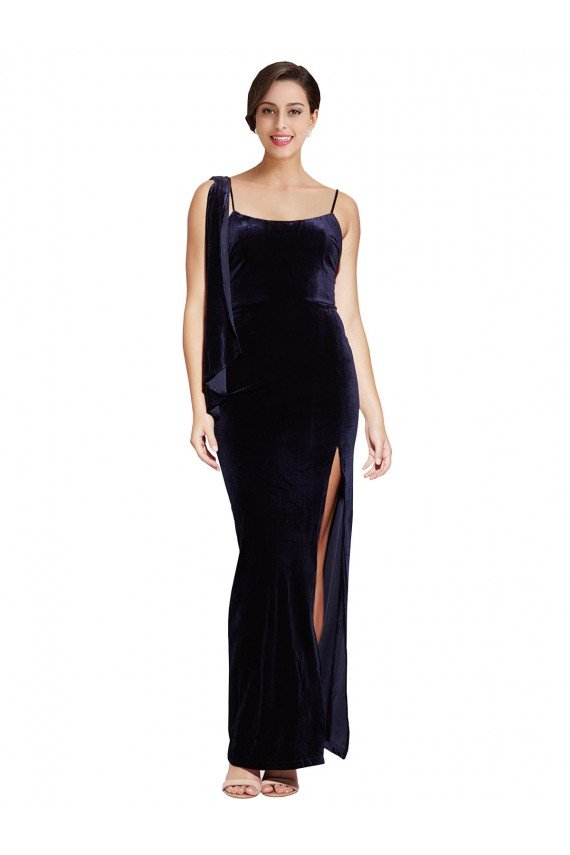 Long Velvet Prom Dress with Side Thigh Split and Shoulder Tie
